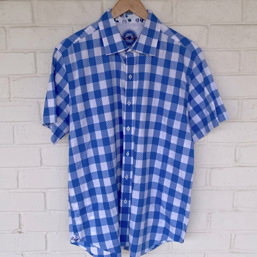 Robert Graham Blue Check Short Sleeve Shirt. XL